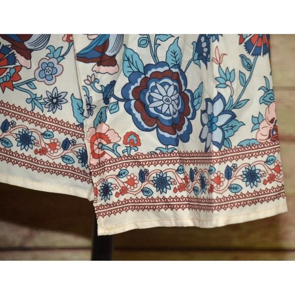 NWT Women M Tunic Blouse Shirt Colorful Peacock Print Loose Button Up Collarless - Picture 10 of 15